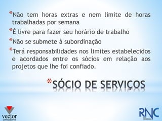 *
*Não tem horas extras e nem limite de horas
trabalhadas por semana
*É livre para fazer seu horário de trabalho
*Não se submete à subordinação
*Terá responsabilidades nos limites estabelecidos
e acordados entre os sócios em relação aos
projetos que lhe foi confiado.
 