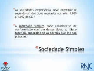 *
*As sociedades empresárias deve constituir-se
segundo um dos tipos regulados nos arts. 1.039
a 1.092 do CC ;
*A sociedade simples pode constituir-se de
conformidade com um desses tipos, e, não o
fazendo, subordina-se às normas que lhe são
próprias.
 