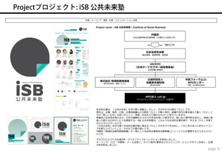 企画・ネーミング・運営・広報・コミュニケーション支援


     Project name：iSB 公共未来塾｜Institute of Social Business


                                             内閣府
                                社会企業家育成支援事業（70億円/12団体/2年）


                                                      7億円/2年


                                         日本生産性本部
                                      基金管理、業務管理、監査等



                                       JACEVO
                                 （日本サードセクター経営者協会）
                                          全体調整/事務局



                                          公益財団法人               市民フォーラム21
        株式会社 地域協働推進機
          東京地区統括、情報システム                  起業家支援財団                NPOセンター
                                            横浜地区統括             京都・名古屋地区統括




                                         NPO法人 cut-jp
                                  クリエイティブディレクション・広報/PR




     社会的企業は、「公共の未来」を切り開く原動力。そして、そのチカラの源は「ひと」です。
     現代は、企業、政府・行政、非営利組織などの間を「ひと」が動く時代。組織や世代の壁を越えて動く「ひと」こ
     そが「新しい公共」の担い手として、地域・社会をより豊かなものへと変えていきます。
     事業性と社会性を両立させ、公共の課題をビジネスの手法を用いて解決する。高い志と専門性を活かし、地域に根
     差した新たな公共サービスを創造する。iSB 公共未来塾は、このような社会的企業を創り、支える「ひと」を育て
     るビジネススクールです。
     「公共の未来」を切り開く社会的企業を塾に集まる「ひと」のチカラで生み出し、ともに支えあう人的ネットワー
     クを創り上げていくこと。それがこの塾の狙いです。
     内閣府「地域社会雇用創造事業」の一環として社会的企業育成支援事業コンソーシアムが運営するビジネススクー
     ルです。

     そのプロジェクトの広報/PR・クリエイティブディレクションを担当しました。
     ネーミング、ロゴ、印刷物、ツール全般と、サイト制作/運用などのコミュニケーションデザイン全体と、広報
     /PRを担当しました。
                                                                            page 9
 