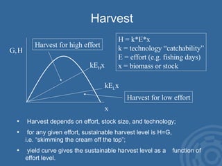 Harvest Harvest depends on effort, stock size, and technology; for any given effort, sustainable harvest level is H=G,  i.e. “skimming the cream off the top”; yield curve gives the sustainable harvest level as a  function of effort level. x kE H x kE L x H H = k*E*x k = technology “catchability” E = effort (e.g. fishing days) x = biomass or stock Harvest for low effort Harvest for high effort G, 