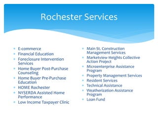 Rochester Services
 E-commerce
 Financial Education
 Foreclosure Intervention
Services
 Home Buyer Post-Purchase
Counseling
 Home Buyer Pre-Purchase
Education
 HOME Rochester
 NYSERDA Assisted Home
Performance
 Low Income Taxpayer Clinic
 Main St. Construction
Management Services
 Marketview Heights Collective
Action Project
 Microenterprise Assistance
Program
 Property Management Services
 Resident Services
 Technical Assistance
 Weatherization Assistance
Program
 Loan Fund
 