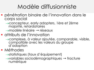Modèle diffusionniste 
 pénétration binaire de l’innovation dans le 
corps social 
concepteur, early adopters, 1ère et 2ème 
majorité, retardataires 
modèle linéaire ➝ réseaux 
 attributs de l’innovation 
complexe, à valeur ajoutée, comparable, visible, 
compatible avec les valeurs du groupe 
d’adoption 
 Méthodes 
statistiques (taux d’équipement) 
variables sociodémographiques ➝ fracture 
numérique 
 