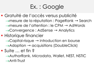 Ex. : Google 
 Gratuité de l’accès versus publicité 
mesure de la réputation : PageRank ➝ Search 
mesure de l’attention : le CPM ➝ AdWords 
Convergence : AdSense ➝ Analytics 
 Historique financier 
Capital-risque ➝ introduction en bourse 
Adoption ➝ acquisitions (DoubleClick) 
 Suite … et fin ? 
AuthorRank, Microdata, Wallet, NEST, NSTIC 
Anti-Trust 
 