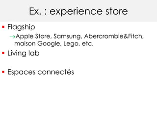 Ex. : experience store 
 Flagship 
Apple Store, Samsung, Abercrombie&Fitch, 
maison Google, Lego, etc. 
 Living lab 
 Espaces connectés 
