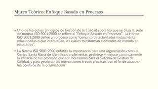 Marco Teórico: Enfoque Basado en Procesos
 Uno de los ochos principios de Gestión de la Calidad sobre los que se basa la serie
de normas ISO 9001:2000 se refiere al “Enfoque Basado en Procesos”. La Norma
ISO 9001:2000 define un proceso como “conjunto de actividades mutuamente
relacionadas o que interactúan, las cuales transforman elementos de entrada en
resultados”.
 La Norma ISO 9001:2000 enfatiza la importancia para una organización como el
Centro Santa María de identificar, implementar, gestionar y mejorar continuamente
la eficacia de los procesos que son necesarios para el Sistema de Gestión de
Calidad, y para gestionar las interacciones e esos procesos con el fin de alcanzar
los objetivos de la organización.
 