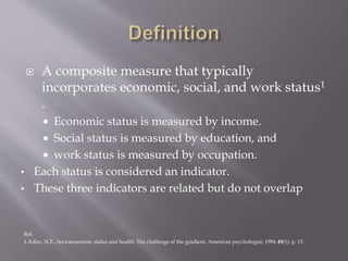  A composite measure that typically
incorporates economic, social, and work status1
.
 Economic status is measured by income.
 Social status is measured by education, and
 work status is measured by occupation.
• Each status is considered an indicator.
• These three indicators are related but do not overlap
Ref:
1.Adler, N.E., Socioeconomic status and health: The challenge of the gradient. American psychologist, 1994.49(1): p. 15.
 