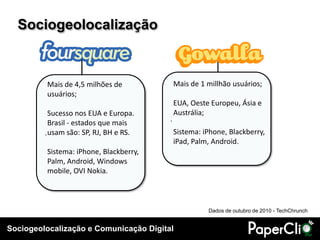 Sociogeolocalização e Comunicação Digital
.
Sociogeolocalização
.
Mais de 4,5 milhões de
usuários;
Sucesso nos EUA e Europa.
Brasil - estados que mais
usam são: SP, RJ, BH e RS.
Sistema: iPhone, Blackberry,
Palm, Android, Windows
mobile, OVI Nokia.
Mais de 1 millhão usuários;
EUA, Oeste Europeu, Ásia e
Austrália;
Sistema: iPhone, Blackberry,
iPad, Palm, Android.
Dados de outubro de 2010 - TechChrunch
 