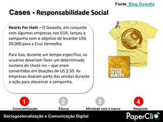 Sociogeolocalização e Comunicação Digital
1 2 3 4
Conscientização Educar RespostaAfinidade com a marca
Hearts For Haiti – O Gowalla, em conjunto
com algumas empresas nos EUA, lançou a
campanha com o objetivo de levantar US$
20.000 para a Cruz Vermelha.
Para isso, durante um tempo específico, os
usuários deveriam fazer um determinado
número de check-ins – que eram
convertidos em doações de US $ 50. As
empresas doaram parte das vendas durante
a ação para alavancar a campanha.
Cases - Responsabilidade Social
Fonte: Blog Gowalla
 