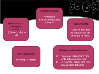 Nivel
Fonético-
fonológico
Lo[h] niño[s] e[s]tán
allí
Nivel morfológico
No quisiste
llamarlo/no quisistes
llamarlo. Nivel sintáctico
Hace seis años que
no nieva/hacen seis
años que no nieva.
Nivel semántico
Me rompí la maceta
Nivel pragmático-discursivo
a) Total: que cogí un libro y me
senté debajo de un árbol.
b) En resumen, cogí el libro y me
senté debajo del árbol.
 