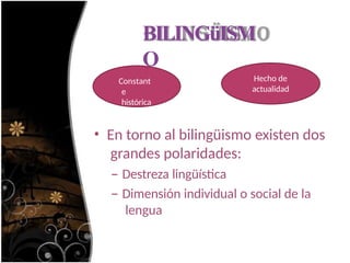BILINGüISM
O
• En torno al bilingüismo existen dos
grandes polaridades:
– Destreza lingüística
– Dimensión individual o social de la
lengua
Constant
e
histórica
Hecho de
actualidad
 