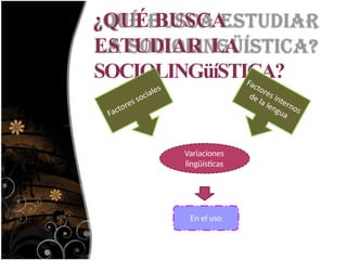 ¿QUÉ BUSCA
ESTUDIAR LA
SOCIOLINGüíSTICA?
Variaciones
lingüísticas
En el uso
 