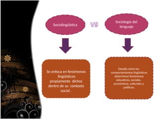 Sociolingüística
Sociología del
lenguaje
Se enfoca en fenómenos
lingüísticos
propiamente dichos
dentro de su contexto
social .
Estudia cómo los
comportamientos lingüísticos
determinan fenómenos
educativos, sociales,
económicos, culturales y
políticos.
 
