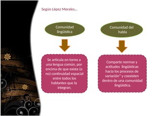 Comunidad
lingüística
Comunidad del
habla
Se articula en torno a
una lengua común, por
encima de que exista (o
no) continuidad espacial
entre todos los
hablantes que la
integran.
Comparte normas y
actitudes lingüísticas
hacia los procesos de
variación” y coexisten
dentro de una comunidad
lingüística.
Según López Morales…
 