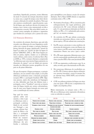 19Capítulo 2
senvoltura. Significado, portanto, muito diferente
do atual. O conceito de variação diacrônica ressal-
ta, nesse caso, o papel do tempo como fator decisi-
vo para a alteração do sentido da palavra. Note que
não estamos considerando especificamente a gra-
fia da língua, que muda por decreto de tempos em
tempos, mas o termo como representado na fala e
seu respectivo conceito. Não seria difícil, assim, en-
contrar outros exemplos de palavras e expressões
que mudam de conotação com o passar dos anos.
2.2 Variação Diatópica
Ao contrário da variação diacrônica, que está rela-
cionada com diferenças de usos linguísticos verifi-
cados com o passar do tempo, a variação diatópica
(termo derivado do grego, significando “através do
lugar”) se refere aos “modos de falar de lugares di-
ferentes” (BAGNO, 2007, p. 46). Esses lugares po-
dem ser países, regiões, estados ou os ambientes
rural e urbano, entre outros. Conforme Ilari e Bas-
so (2006, p. 157), a variação diatópica compreende
“as diferenças que uma mesma língua apresenta na
dimensão do espaço”, por ser falada por pessoas
situadas em diferentes pontos geográficos de um
país ou de países diferentes.
No que diz respeito à língua portuguesa, a variação
diatópica, em seu sentido mais amplo, se dá pelas
diferenças verificáveis entre o chamado português
europeu (PE) e o português brasileiro (PB). Algu-
mas pessoas, sejam elas estudiosas da linguagem
ou não, defendem que hoje não falamos mais o
português, e sim o “brasileiro”, pois não se trataria
mais da língua trazida por nossos colonizadores,
mas de uma nova língua formada em nosso país
com a contribuição de outras culturas.
Seja qual for nossa
opinião sobre esse
assunto, o fato é que
as diferenças entre o
português conforme
falado (e até escrito)
em Portugal e nas
antigas colônias lusi-
tanas da África e da
Ásia e o português
falado (e escrito) no
Brasil são numero-
sas e inegáveis. Essas
diferenças são pro-
fundas o suficiente
para exemplificar com clareza a noção de variação
diatópica. Ilari e Basso (2006) alistam os seguintes
contrastes entre o PE e o PB:
•	 Na fonética/fonologia, o PE se caracteriza pelo
enfraquecimento das vogais pretônicas, pela
pronúncia do /R/ como vibrante múltipla e
pelo /l/ com pronúncia velarizada em final de
sílaba; no PB, o /l/ é substituído pela semivo-
gal /w/, no mesmo contexto.
•	 Ao contrário do PB, que admite construções
iniciadas por pronomes clíticos, como em Me
dá um cigarro, o PE não admite tais construções.
•	 Em PE, usa-se o pronome si como anafórico de
pronomes de tratamento, como em Doutor, esta
carta é para si; em PB, usa-se outra expressão de
tratamento: Doutor, esta carta é para o senhor.
•	 PE e PB usam expressões diferentes para a no-
ção de continuidade manifesta pelo verbo: Não
estou a perceber (PE) x Não estou percebendo (PB).
•	 O PE usa expressões condicionais como Se eu
sabia, eu vinha, que é discriminada em PB culto.
•	 Há numerosas diferenças de vocabulário en-
tre PE e PB. Citemos apenas alguns substanti-
vos: grossista/atacadista, cerveja de pressão/cho-
pe, rapariga/moça, SIDA/AIDS, casa de banho/
banheiro etc.
•	 O PE usa palavras próprias da língua em situa-
ções nas quais o PB recorre a empréstimos do
inglês: arca frigorífica/frízer.
Muito interessante, na variação entre o PE e o
PB, são as diferenças entre expressões idiomáticas
como as referidas no quadro:
PE PE/PB PB
Teimoso feito um burro Teimoso como uma mula Teimoso que nem a mulher do piolho
Falar como uma gralha Falar pelos cotovelos Falar mais que o homem da cobra
Comprar a troco de reza Comprar por uma pechincha
na bacia das almas
Comprar por uma micharia/ninharia
Chover a potes Chover a cântaros Chover canivetes
Feio como os trovões Feio de doer Feio como a mulher do guarda
Surdo para além do estúpido Surdo como uma porta Surdo feito um muro
Pescar um marido Arranjar um marido Fisgar um marido
Apanhar pela medida grande Apanhar Apanhar como cachorro sem dono
Comer como um pisco Comer Comer como um passarinho
Dormir como um prego Dormir como uma pedra Dormir como gato de hotel
 