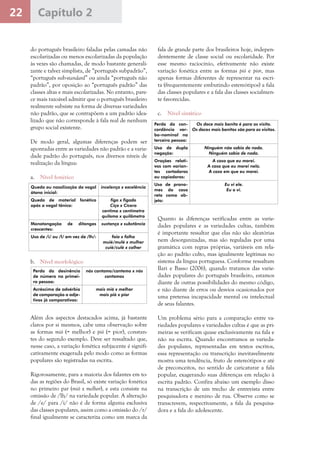 22 Capítulo 2
do português brasileiro faladas pelas camadas não
escolarizadas ou menos escolarizadas da população
às vezes são chamadas, de modo bastante generali-
zante e talvez simplista, de “português subpadrão”,
“português sub-standard” ou ainda “português não
padrão”, por oposição ao “português padrão” das
classes altas e mais escolarizadas. No entanto, pare-
ce mais razoável admitir que o português brasileiro
realmente subsiste na forma de diversas variedades
não padrão, que se contrapõem a um padrão idea-
lizado que não corresponde à fala real de nenhum
grupo social existente.
De modo geral, algumas diferenças podem ser
apontadas entre as variedades não padrão e a varie-
dade padrão do português, nos diversos níveis de
realização da língua:
a.	 Nível fonético
fala de grande parte dos brasileiros hoje, indepen-
dentemente de classe social ou escolaridade. Por
esse mesmo raciocínio, efetivamente não existe
variação fonética entre as formas pió e pior, mas
apenas formas diferentes de representar na escri-
ta (frequentemente embutindo estereótipos) a fala
das classes populares e a fala das classes socialmen-
te favorecidas.
c.	 Nível sintático
Queda ou nasalização da vogal
átona inicial:
incelença x excelência
Queda de material fonético
após a vogal tônica:
figo x fígado
Ciço x Cícero
centimo x centímetro
quilomo x quilômetro
Monotongação de ditongos
crescentes:
sustança x substância
Uso de /i/ ou /l/ em vez de /lh/: foia x folha
muié/mulé x mulher
cuié/culé x colher
b.	 Nível morfológico
Perda da desinência
de número na primei-
ra pessoa:
nós cantamo/cantemo x nós
cantamos
Acréscimo de advérbio
de comparação a adje-
tivos já comparativos:
mais mió x melhor
mais pió x pior
Além dos aspectos destacados acima, já bastante
claros por si mesmos, cabe uma observação sobre
as formas mió (= melhor) e pió (= pior), constan-
tes do segundo exemplo. Deve ser ressaltado que,
nesse caso, a variação fonética subjacente é signifi-
cativamente exagerada pelo modo como as formas
populares são registradas na escrita.
Rigorosamente, para a maioria dos falantes em to-
das as regiões do Brasil, só existe variação fonética
no primeiro par (mió x melhor), e esta consiste na
omissão de /lh/ na variedade popular. A alteração
de /e/ para /i/ não é de forma alguma exclusiva
das classes populares, assim como a omissão do /r/
final igualmente se caracteriza como um marca da
Perda da con-
cordância ver-
bo-nominal na
terceira pessoa:
Os doce mais bonito é para as visita.
Os doces mais bonitos são para as visitas.
Uso de dupla
negação:
Ninguém não sabia de nada.
Ninguém sabia de nada.
Orações relati-
vas com varian-
tes cortadoras
ou copiadoras:
A casa que eu morei.
A casa que eu morei nela.
A casa em que eu morei.
Uso de prono-
mes do caso
reto como ob-
jeto:
Eu vi ele.
Eu o vi.
Quanto às diferenças verificadas entre as varie-
dades populares e as variedades cultas, também
é importante ressaltar que elas não são aleatórias
nem desorganizadas, mas são reguladas por uma
gramática com regras próprias, variáveis em rela-
ção ao padrão culto, mas igualmente legítimas no
sistema da língua portuguesa. Conforme ressaltam
Ilari e Basso (2006), quando tratamos das varie-
dades populares do português brasileiro, estamos
diante de outras possibilidades do mesmo código,
e não diante de erros ou desvios ocasionados por
uma pretensa incapacidade mental ou intelectual
de seus falantes.
Um problema sério para a comparação entre va-
riedades populares e variedades cultas é que as pri-
meiras se verificam quase exclusivamente na fala e
não na escrita. Quando encontramos as varieda-
des populares, representadas em textos escritos,
essa representação ou transcrição inevitavelmente
mostra uma tendência, fruto de estereótipos e até
de preconceitos, no sentido de caricaturar a fala
popular, exagerando suas diferenças em relação à
escrita padrão. Confira abaixo um exemplo disso
na transcrição de um trecho de entrevista entre
pesquisadora e menino de rua. Observe como se
transcrevem, respectivamente, a fala da pesquisa-
dora e a fala do adolescente.
 