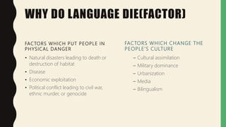 WHY DO LANGUAGE DIE(FACTOR)
FACTORS WHICH PUT PEOPLE IN
PHYSICAL DANGER
• Natural disasters leading to death or
destruction of habitat
• Disease
• Economic exploitation
• Political conflict leading to civil war,
ethnic murder, or genocide
FACTORS WHICH CHANGE THE
PEOPLE’S CULTURE
– Cultural assimilation
– Military dominance
– Urbanization
– Media
– Bilingualism
 