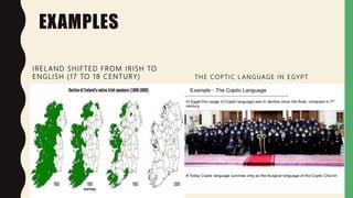 EXAMPLES
IREL AND SHIFTED FROM IRISH TO
ENGLISH (17 TO 18 CENTURY) THE COPTIC L ANGUAGE IN EGYPT
 