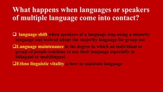 What happens when languages or speakers
of multiple language come into contact?
 language shift when speakers of a language stop using a minority
language and instead adopt the majority language for group use
Language maintenance is the degree in which an individual or
group of people continue to use their language especially in
bilingual or multilingual
Ethno linguistic vitality is how to maintain language
 