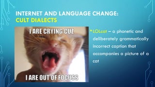 INTERNET AND LANGUAGE CHANGE:
CULT DIALECTS
•LOLcat – a phonetic and
deliberately grammatically
incorrect caption that
accompanies a picture of a
cat
 