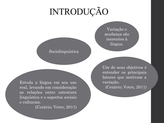 INTRODUÇÃO
Sociolinguística
Estuda a língua em seu uso
real, levando em consideração
as relações entre estrutura
linguística e s aspectos sociais
e culturais.
(Cezário; Votre, 2011)
Variação e
mudança são
inerentes à
língua.
Um de seus objetivos é
entender os principais
fatores que motivam a
variação.
(Cezário; Votre, 2011)
 