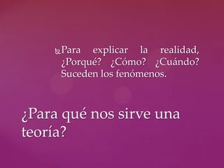 Para explicar la realidad,
¿Porqué? ¿Cómo? ¿Cuándo?
Suceden los fenómenos.
¿Para qué nos sirve una
teoría?
 