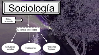 Sociología
Objeto
de estudio

El hombre en sociedad

Estructuras
sociales

Instituciones

Problemas
Sociales

 