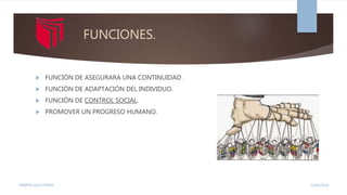 FUNCIONES.
 FUNCIÓN DE ASEGURARA UNA CONTINUIDAD .
 FUNCIÓN DE ADAPTACIÓN DEL INDIVIDUO.
 FUNCIÓN DE CONTROL SOCIAL.
 PROMOVER UN PROGRESO HUMANO.
13/02/2016YENIFER SALLO PEREZ
 