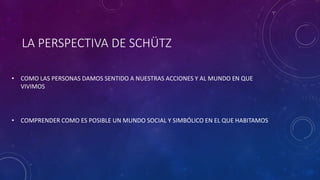 LA PERSPECTIVA DE SCHÜTZ
• COMO LAS PERSONAS DAMOS SENTIDO A NUESTRAS ACCIONES Y AL MUNDO EN QUE
VIVIMOS
• COMPRENDER COMO ES POSIBLE UN MUNDO SOCIAL Y SIMBÓLICO EN EL QUE HABITAMOS
 