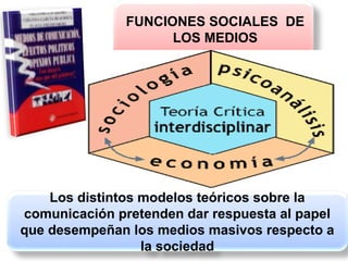 Los distintos modelos teóricos sobre la
comunicación pretenden dar respuesta al papel
que desempeñan los medios masivos respecto a
la sociedad
FUNCIONES SOCIALES DE
LOS MEDIOS
 