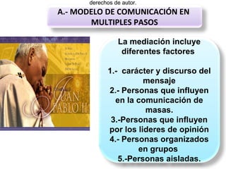A.- MODELO DE COMUNICACIÓN EN
MULTIPLES PASOS
La mediación incluye
diferentes factores
1.- carácter y discurso del
mensaje
2.- Personas que influyen
en la comunicación de
masas.
3.-Personas que influyen
por los lideres de opinión
4.- Personas organizados
en grupos
5.-Personas aisladas.
derechos de autor.derechos de autor.
 