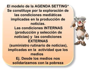 El modelo de la AGENDA SETTING“
Se constituye por la exploración de
las condiciones mediáticas
implicadas en la producción de
noticias.
Las condiciones INTERNAS
(producción y selección de
noticias) y las condiciones
EXTERNAS
(suministro rutinario de noticias),
implicadas en la actividad que los
medios
Ej. Desde los medios nos
solidarizamos con la pobreza
 