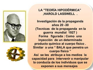 LA "TEORÍA HIPODÉRMICA”
,HAROLD LASSWELL .
Investigación de la propaganda
años 20 -30
(Tecnicas de la propaganda en la
guerra mundial 1927 )
Forma figurada : Como una
inyección de un determinado
producto químico al cuerpo físico .
Similar a una “ BALA que penetra un
cuerpo físico ”
Así se les atribuye a los medios la
capacidad para intervenir o manipular
la conducta de los individuos que se
exponen a sus mensajes
 