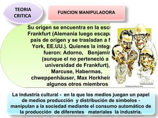 TEORIA
CRITICA
FUNCION MANIPULADORA
Su origen se encuentra en la escuela de
Frankfurt (Alemania luego escapa de su
país de origen y se trasladan a Nueva
York, EE.UU.). Quienes la integraron
fueron: Adorno, Benjamín
(aunque el no perteneció a la
universidad de Frankfurt),
Marcuse, Habermas,
chweppenhäuser, Max Horkheimer, y
algunos otros miembros
.
Su origen se encuentra en la escuela de
Frankfurt (Alemania luego escapa de su
país de origen y se trasladan a Nueva
York, EE.UU.). Quienes la integraron
fueron: Adorno, Benjamín
(aunque el no perteneció a la
universidad de Frankfurt),
Marcuse, Habermas,
chweppenhäuser, Max Horkheimer, y
algunos otros miembros
.
La industria cultural - en la que los medios juegan un papel
de medios producción y distribución de símbolos -
manipulan a la sociedad mediante el consumo automático de
la producción de diferentes materiales la industria.
 