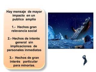 Hay mensaje de mayor
impacto en un
publico amplio
1.- Hechos gran
relevancia social
2.- Hechos de interés
general sin
implicaciones de
personales inmediatas
.
3.- Hechos de gran
interés particular
para minorías.
 