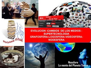 EVOLUCION -CAMBIOS DE LOS MEDIOS :
SUPERTECNOLOGIA
GRAFOSFERA-LOGOSFERA-VIDEOSFERA-
NOOESFERA
 