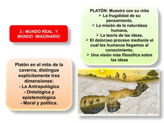 2.- MUNDO REAL Y
MUNDO IMAGINARIO
PLATÓN: Muestra con su mito
 La frugalidad de su
pensamiento,
 La misión de la naturaleza
humana,
 La teoría de las ideas,
 El doloroso proceso mediante el
cual los humanos llegamos al
conocimiento,
 Una visión más filosófica sobre
las ideas
Platón en el mito de la
caverna, distingue
explícitamente tres
dimensiones:
- La Antropológica
- Ontológica y
epistemológica
- Moral y política.
 