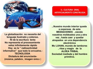 5.- CULTURA ORAL
ARTIFICIALMENTE CONSTRUIDA
La globalización no necesita del
lenguaje ilustrado y extenso.
Ni de la escritura lenta
No representa el procesamiento
veloz infinitamente rápido
Hoy es la “ radioactividad
informativa” que todo lo envuelve.-
TECNOLOGIA
Dictadura del enunciante-
(música, palabra , imagen única )
…Nuestro mundo interior queda
a expensas de esta
MEDIACIONES , siendo
nosotros moldeados una y otra
vez , hasta caer y quedar
atrapados en una dependencia
electrónica
Mc LUHAN, mundo de tambores
, ritos y magia de la
ALDEA TRIBAL
Sociedad mediada y del hombre
primitivo.
 
