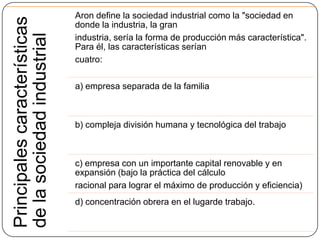 Principales características
de la sociedad industrial

Aron define la sociedad industrial como la "sociedad en
donde la industria, la gran
industria, sería la forma de producción más característica".
Para él, las características serían
cuatro:
a) empresa separada de la familia

b) compleja división humana y tecnológica del trabajo

c) empresa con un importante capital renovable y en
expansión (bajo la práctica del cálculo
racional para lograr el máximo de producción y eficiencia)
d) concentración obrera en el lugarde trabajo.

 