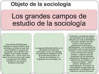 Objeto de la sociología

Los grandes campos de
estudio de la sociología
Una primera dificultad para
delimitar el campo temático de la
sociología, consiste en que ésta
es en realidad un conjunto de
sociologías -de la familia, de la
religión, de las clases sociales,
del trabajo, etc.-, que lo único que
tienen en común es el matiz social
y la aplicación del método
científico en sus campos
temáticos concretos.

La segunda dificultad estriba en la
diversidad de influencias
nacionales, ya que, por ejemplo,
la sociología en Inglaterra deriva
de la economía política, en
Francia de la filosofía, en
Yugoslavia de la etnología, etc.

Finalmente, las distintas etapas
del desarrollo de la sociología
dificultan aún más la delimitación
del campo temático de esta
ciencia:- primer período:
pretensiones ambiciosas y
globalizadoras. Las sociología es
presentada como la ciencia de las
ciencias, y como núcleo central y
común de todas las ciencias
sociales. - segundo período:
moderación de las anteriores
pretensiones. Búsqueda de una
definición de su materia y su
campo de trabajo. - tercer
período: tendencia a la
especialización. Formación de
comunidades profesionales de
especialistas. Investigación más
intensa en campos concretos.

 