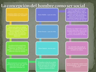 Homo Habilis - 2.500.000 años.

Con unos rasgos típicos de una
especie desadaptada al medio debilidad física, piel fina, falta de
medios naturales de ataque y
defensa, poca adecuación para la
alimentación diversificada,
insuficiente madurez psicomotora
en sus primeros años de vida, etc.

Darwin para ubicar la realidad
social en el ámbito más general de
la vida en la naturaleza. Dos ideas:
Idea de equilibrio ser vivonaturaleza Idea de la selección
natural: gracias al proceso de
adaptación,

Homo Erectus - 1.500.000 años.

Gracias a su carácter social, que le
permitió desarrollar cada vez más
complejas formas de organización
social, y por su capacidad de
creación y transmisión de cultura.

Los efectos de las mutaciones
genéticas en el organismo, son
aleatorias: casi siempre son
dañinas, y el individuo mutante no
sobrevive; otras son neutras;

Homo Sapiens - 100.000 años.

Así, el hombre sólo puede ser
concebido como producto de su
sociedad y su cultura.

Estas mutaciones son producidas
por efectos de cruces, azar, error de
autorreplicación del ADN,
radiaciones ionizantes, etc

El hombre es fruto de un doble
proceso de evolución biológica y
social, que parte de un dilatado
proceso evolutivo a partir de
algunas especies sociables

Chinoy: "el individuo aislado es una
ficción filosófica", "la vida humana
es vida social".

Aristóteles definió al hombre como
el "animal político por naturaleza"

 