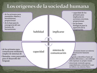 • de los primates para
manipular objetos y
herramientas,
proporcionan
• do la base para la
emergencia del uso
humano de
herramientas.

habilidad

• de los primates para
comunicarse mediante el
empleo de sistemas de
• llamadas, como precondición
para el desarrollo del
lenguaje.

implicarse

capacidad

sistema de
comunicación

• capacidad de los
primates para
implicarse en
acciones concretas,
proporcionan
• do las bases
biológicas para la
aparición de la
cooperación.

• Así, los monos tienen un sistema
de comunicación bastante
complejo
• (llegando a identificar hasta 36
sonidos diferentes), y sin embargo
sólo expresan su propio estado
• emocional, teniendo apenas
capacidad para comunicar lo que
se refiere a su entorno físico.

 