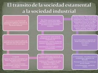 Dos acontecimientos señalan las

claves del
proceso para la génesis y desarrollo de
lasociología: la Revolución Francesa y la
Revolución Industrial

La primera fue la expresión política del
derrumbe del viejo orden social ante los
imperativos de una nueva época.

Max Weber apunta hacia rasgos
ideológicos, concretamente ideales
religiosos como el factor desencadenante
para forjar la nueva mentalidad
económica.

Esta producción a gran escala irá
acompañada por una mejora de los
transportes y las
comunicaciones -caminos, vías fluviales
y puertos-, facilitando el transporte de
mercancías, la

Para los calvinistas, "Dios ayuda a quien
se ayuda a sí mismo", de manera que la
desigualdad en el reparto de los bienes
responde para unos y otros a un signo de
predestinación divina. Así, para Max
Weber, "el espíritu del ascetismo
cristiano fue quien engendró uno de los
elementos constitutivos del moderno
espíritu capitalista", basado en la
racionalización de la conducta.

En el orden político, la aparición del
Estado marcará el principio de una
nueva época
histórica.

comercialización en grandes cantidades,
y el intercambio.

La segunda
supone un "fenómeno social global" que
marca "una ruptura total con toda la
historia humana
anterior", y en la que intervienen
factores sociales, culturales, económicos
y tecnológicos

Parece evidente que el proceso de
transición de la sociedad estamental a la
industrial
moderna se debe a cambios de índole
económica, tecnológica y social,
ideológica y cultural, y
a movimientos de rupturas
institucionales y políticas

a) el humanismo.- desconfianza hacia el
escolasticismo y apelación a las
libertades.
Preocupación más por los hechos que
por las verdades.
b) el protestantismo.- germen de
rebelión

 