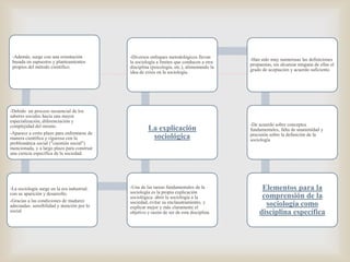 -Además, surge con una orientación
basada en supuestos y planteamientos
propios del método científico.

-Debido un proceso secuencial de los
saberes sociales hacia una mayor
especialización, diferenciación y
complejidad del mismo.
-Aparece a corto plazo para enfrentarse de
manera científica y rigurosa con la
problemática social ("cuestión social")
mencionada, y a largo plazo para construir
una ciencia específica de la sociedad.

-La sociología surge en la era industrial,
con su aparición y desarrollo.
-Gracias a las condiciones de madurez
adecuadas: sensibilidad y atención por lo
social

-Diversos enfoques metodológicos llevan
la sociología a límites que conducen a otra
disciplina (psicología, etc.), alimentando la
idea de crisis en la sociología.



La explicación
sociológica

-Una de las tareas fundamentales de la
sociología es la propia explicación
sociológica: abrir la sociología a la
sociedad, evitar su enclaustramiento, y
explicar mejor y más claramente el
objetivo y razón de ser de esta disciplina.

-Han sido muy numerosas las definiciones
propuestas, sin alcanzar ninguna de ellas el
grado de aceptación y acuerdo suficiente.

-De acuerdo sobre conceptos
fundamentales, falta de unanimidad y
precisión sobre la definición de la
sociología

Elementos para la
comprensión de la
sociología como
disciplina específica

 