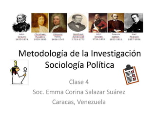 Metodología de la Investigación
Sociología Política
Clase 4
Soc. Emma Corina Salazar Suárez
Caracas, Venezuela
 