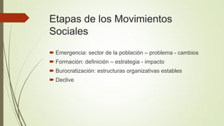 Etapas de los Movimientos
Sociales
 Emergencia: sector de la población – problema - cambios
 Formación: definición – estrategia - impacto
 Burocratización: estructuras organizativas estables
 Declive
 
