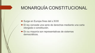 MONARQUÍA CONSTITUCIONAL
 Surge en Europa fines del s XVIII
 El rey concede una serie de derechos mediante una carta
otorgada o constitución.
 En su mayoría son representativas de sistemas
democráticos.
 