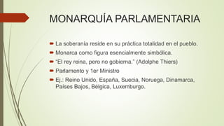 MONARQUÍA PARLAMENTARIA
 La soberanía reside en su práctica totalidad en el pueblo.
 Monarca como figura esencialmente simbólica.
 “El rey reina, pero no gobierna.” (Adolphe Thiers)
 Parlamento y 1er Ministro
 Ej.: Reino Unido, España, Suecia, Noruega, Dinamarca,
Países Bajos, Bélgica, Luxemburgo.
 
