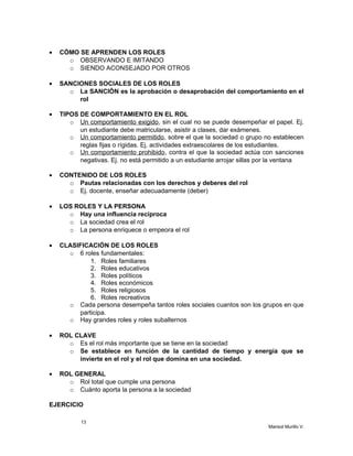 • CÓMO SE APRENDEN LOS ROLES
o OBSERVANDO E IMITANDO
o SIENDO ACONSEJADO POR OTROS
• SANCIONES SOCIALES DE LOS ROLES
o La SANCIÓN es la aprobación o desaprobación del comportamiento en el
rol
• TIPOS DE COMPORTAMIENTO EN EL ROL
o Un comportamiento exigido, sin el cual no se puede desempeñar el papel. Ej.
un estudiante debe matricularse, asistir a clases, dar exámenes.
o Un comportamiento permitido, sobre el que la sociedad o grupo no establecen
reglas fijas o rígidas. Ej. actividades extraescolares de los estudiantes.
o Un comportamiento prohibido, contra el que la sociedad actúa con sanciones
negativas. Ej. no está permitido a un estudiante arrojar sillas por la ventana
• CONTENIDO DE LOS ROLES
o Pautas relacionadas con los derechos y deberes del rol
o Ej. docente, enseñar adecuadamente (deber)
• LOS ROLES Y LA PERSONA
o Hay una influencia recíproca
o La sociedad crea el rol
o La persona enriquece o empeora el rol
• CLASIFICACIÓN DE LOS ROLES
o 6 roles fundamentales:
1. Roles familiares
2. Roles educativos
3. Roles políticos
4. Roles económicos
5. Roles religiosos
6. Roles recreativos
o Cada persona desempeña tantos roles sociales cuantos son los grupos en que
participa.
o Hay grandes roles y roles subalternos
• ROL CLAVE
o Es el rol más importante que se tiene en la sociedad
o Se establece en función de la cantidad de tiempo y energía que se
invierte en el rol y el rol que domina en una sociedad.
• ROL GENERAL
o Rol total que cumple una persona
o Cuánto aporta la persona a la sociedad
EJERCICIO
13
Marisol Murillo V.
 