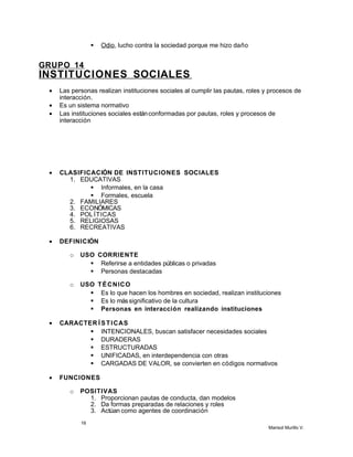  Odio, lucho contra la sociedad porque me hizo daño
GRUPO 14
INSTITUCIONES SOCIALES
• Las personas realizan instituciones sociales al cumplir las pautas, roles y procesos de
interacción.
• Es un sistema normativo
• Las instituciones sociales estánconformadas por pautas, roles y procesos de
interacción
• CLASIFICACIÓN DE INSTITUCIONES SOCIALES
1. EDUCATIVAS
 Informales, en la casa
 Formales, escuela
2. FAMILIARES
3. ECONÓMICAS
4. POLÍTICAS
5. RELIGIOSAS
6. RECREATIVAS
• DEFINICIÓN
o USO CORRIENTE
 Referirse a entidades públicas o privadas
 Personas destacadas
o USO TÉCNICO
 Es lo que hacen los hombres en sociedad, realizan instituciones
 Es lo mássignificativo de la cultura
 Personas en interacción realizando instituciones
• CARACTER Í STICAS
 INTENCIONALES, buscan satisfacer necesidades sociales
 DURADERAS
 ESTRUCTURADAS
 UNIFICADAS, en interdependencia con otras
 CARGADAS DE VALOR, se convierten en códigos normativos
• FUNCIONES
o POSITIVAS
1. Proporcionan pautas de conducta, dan modelos
2. Da formas preparadas de relaciones y roles
3. Actúan como agentes de coordinación
16
Marisol Murillo V.
 