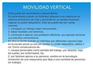 Esta puede ser ascendente o descendente:
Es ascendente cuando un individuo adquiere una mejora en su
sistema económico de vida y asciende en su escala social por
mejorar su poder adquisitivo. Esto se puede dar por varias
razones:
1. conseguir un trabajo mejor remunerado,
2. haber recibido una herencia,
3. comenzar a ejercer una profesión diferente, por ejemplo terminar
sus estudios universitarios.
Es descendente cuando un individuo por diferentes razones baja
en la escala social ya sea por perder su poder adquisitivo, status o
rol. Como consecuencia de:
1. causas personales como perdida del trabajo, por despido, baja
de sueldo, por enfermedad, etc.
2. por factores ajenos a su persona, cambio en la tecnología
(invención de una maquinaria que deja a una cantidad de personas
sin trabajo).
MOVILIDAD VERTICAL
.
 